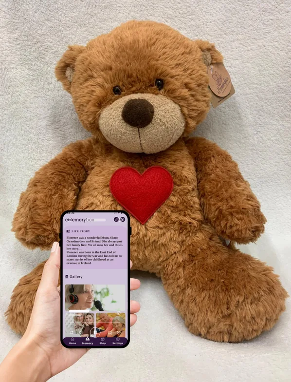eMemorybear with the app open on a smartphone