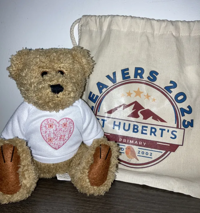 Leavers teddy in a St Hubert's Leavers 2023 t-shirt