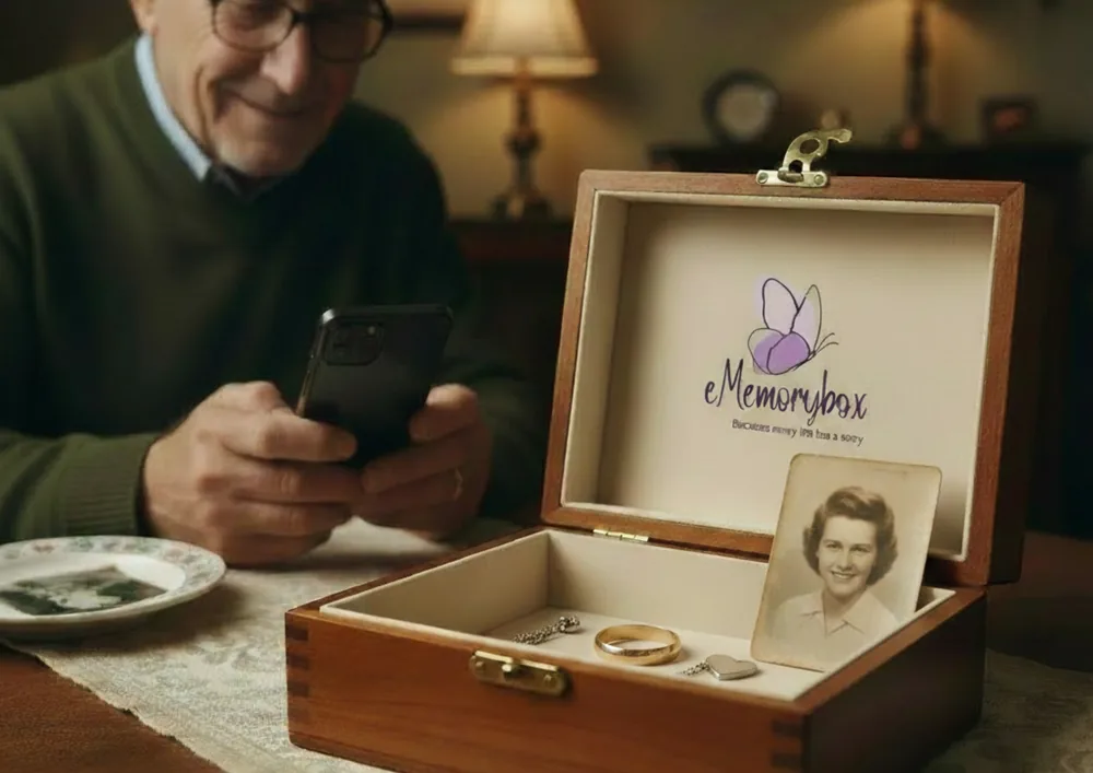 A man looking at his phone next to an open walnut eMemorybox holding a photograph and keepsakes